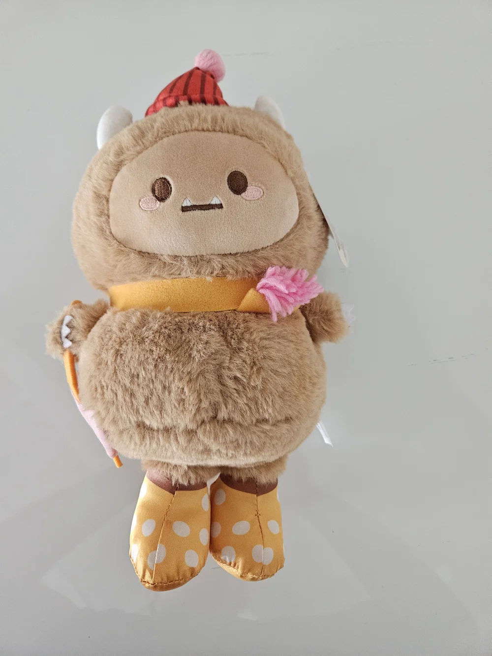 Plush Brown Monster Stuffed Animal with Pink & Yellow Accents